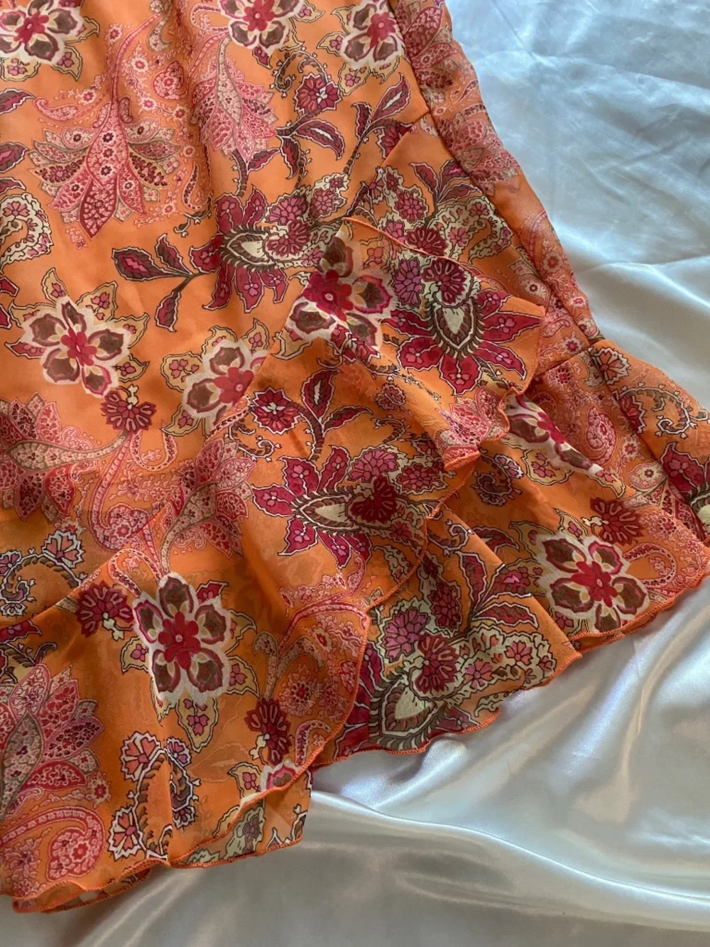 Vintage y2k Orange Floral Paisley Ruffle Midi Skirt Boho Fairy Size 16W